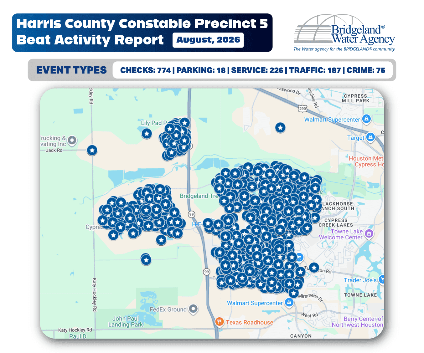 Map from the Harris County Constable Precinct 5 Beat Activity Report for August 2026, showing numerous law enforcement activity markers concentrated throughout the Bridgeland community area.