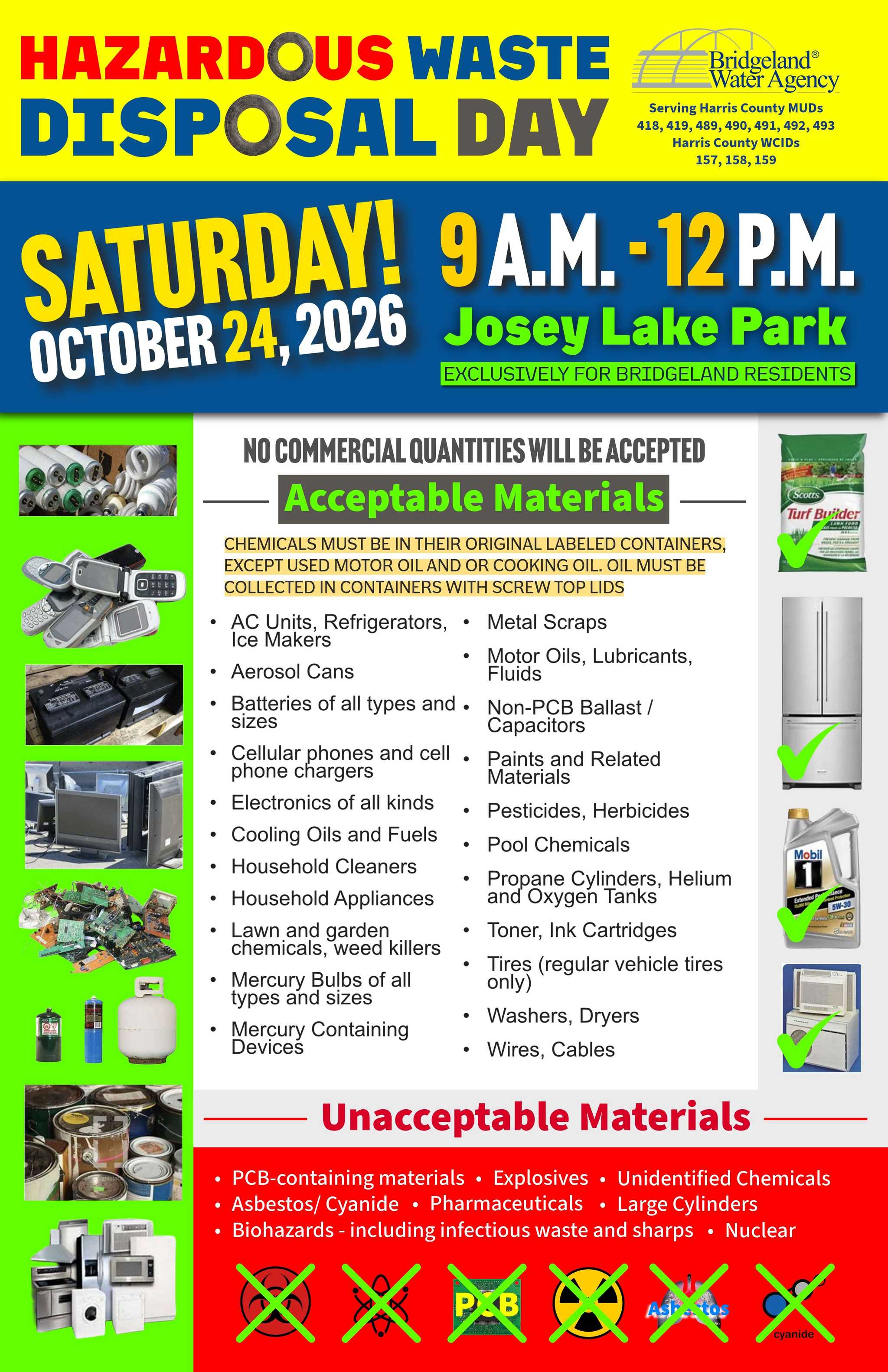 Flyer for Bridgeland Water Agency Hazardous Waste Disposal Day on October 24, 2026, from 9 a.m. to noon at Josey Lake Park, listing accepted and prohibited disposal materials.